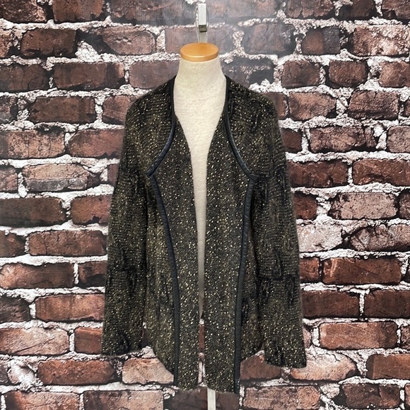 Eileen Fisher Sweater Cardigan Brown Leather Trim Gold Mohair Size Large - Picture 3 of 12